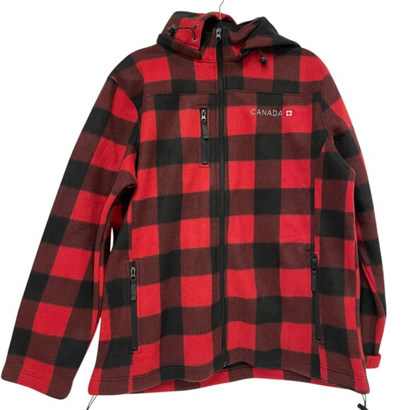Northern Souvenirs Unisex Red Black Checkered Zip Up Canada Fleece Jacket Size L - Picture 1 of 13